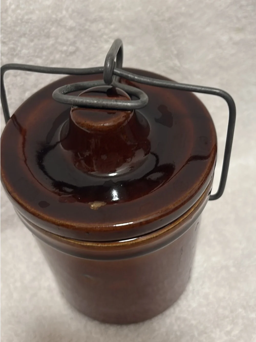 Vintage Brown Ceramic Crock Lidded Canister with Wire Handle - Kitchen Storage